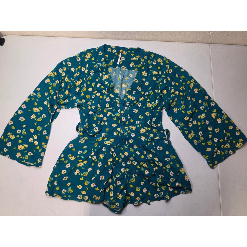 Free People Teal Floral Long Bell Sleeve Button Front Romper Size 0 Boho